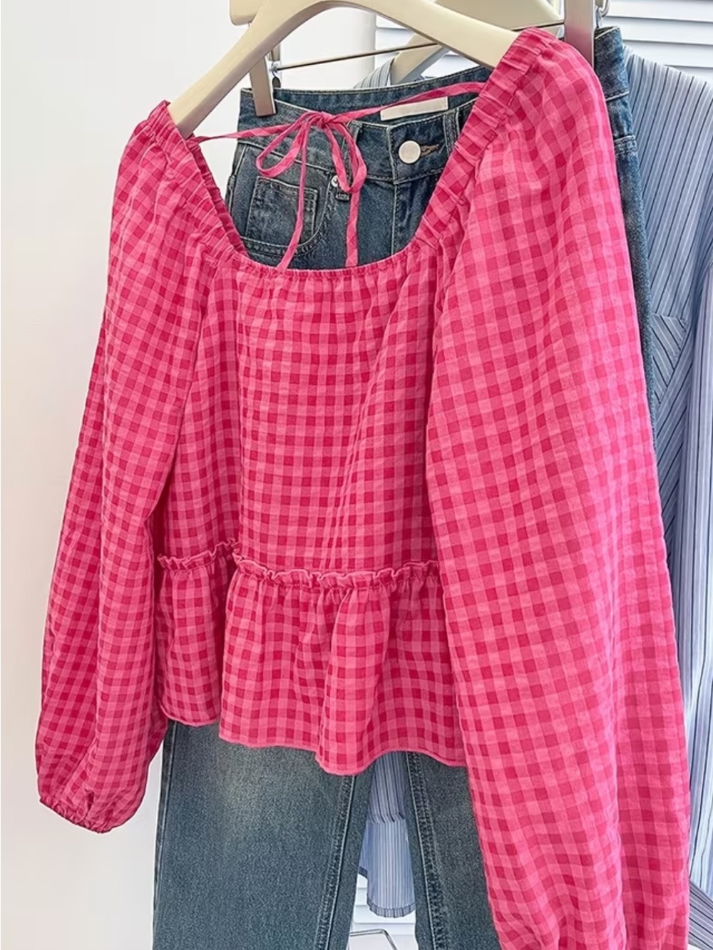 Women’s Pink Gingham Peplum Blouse